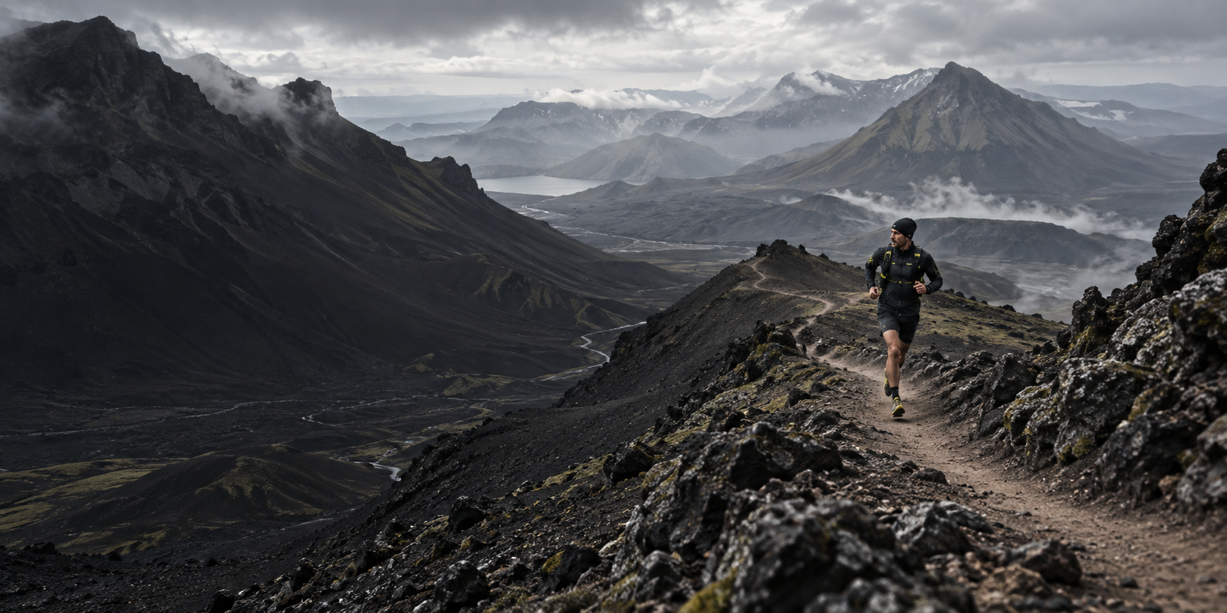 Trail runner making their way across volcanic mountains
